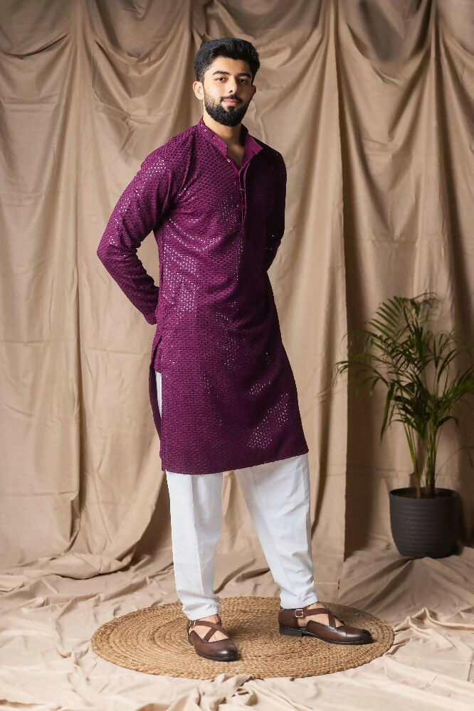 Wine Rayon Thread Embroidery Work Kurta Set - Mahotsav | Grocsy