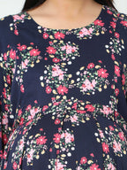 Manet Three Fourth Maternity Dress Floral Print With Concealed Zipper Nursing Access - Navy Blue | Grocsy