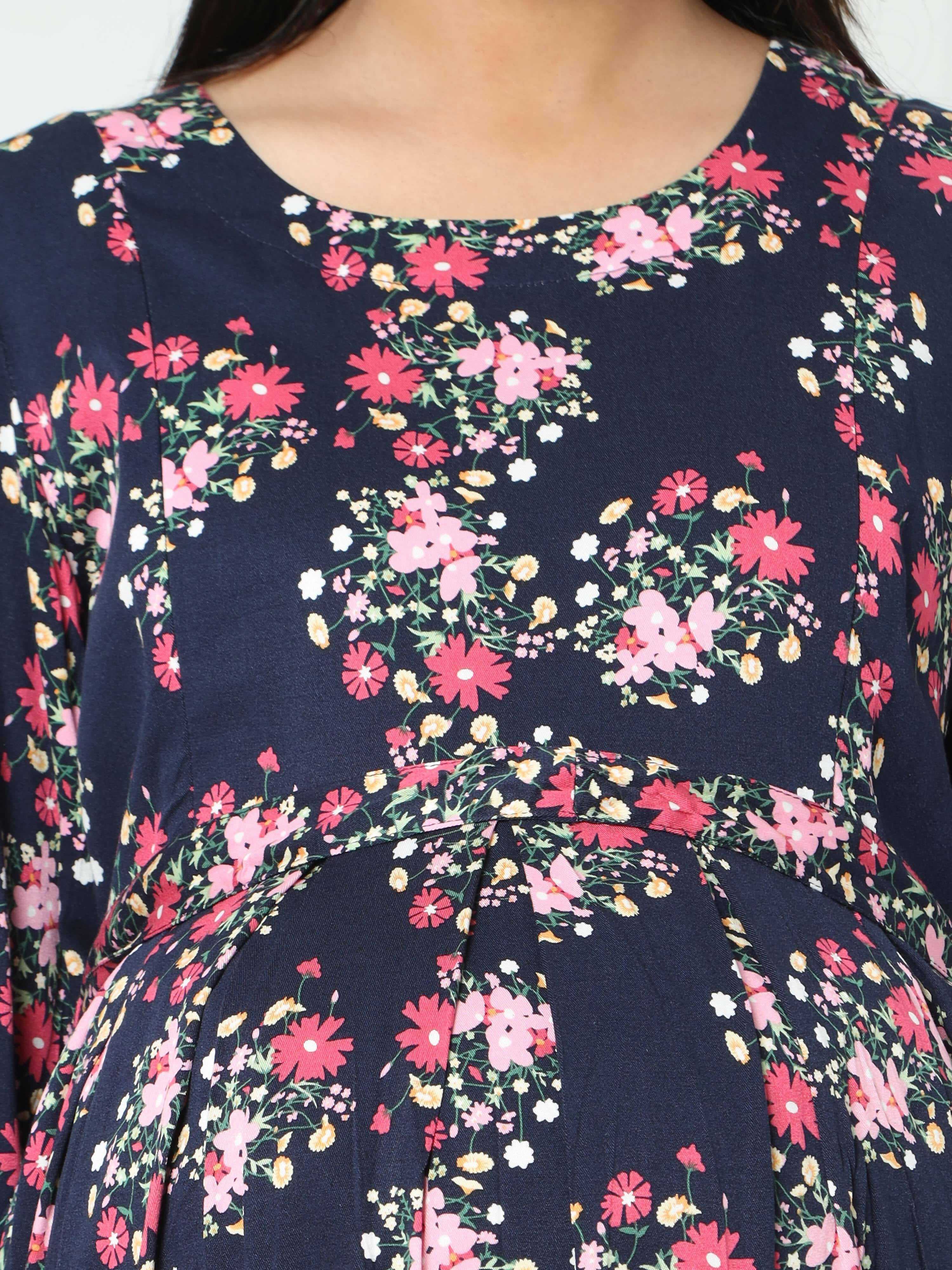 Manet Three Fourth Maternity Dress Floral Print With Concealed Zipper Nursing Access - Navy Blue | Grocsy
