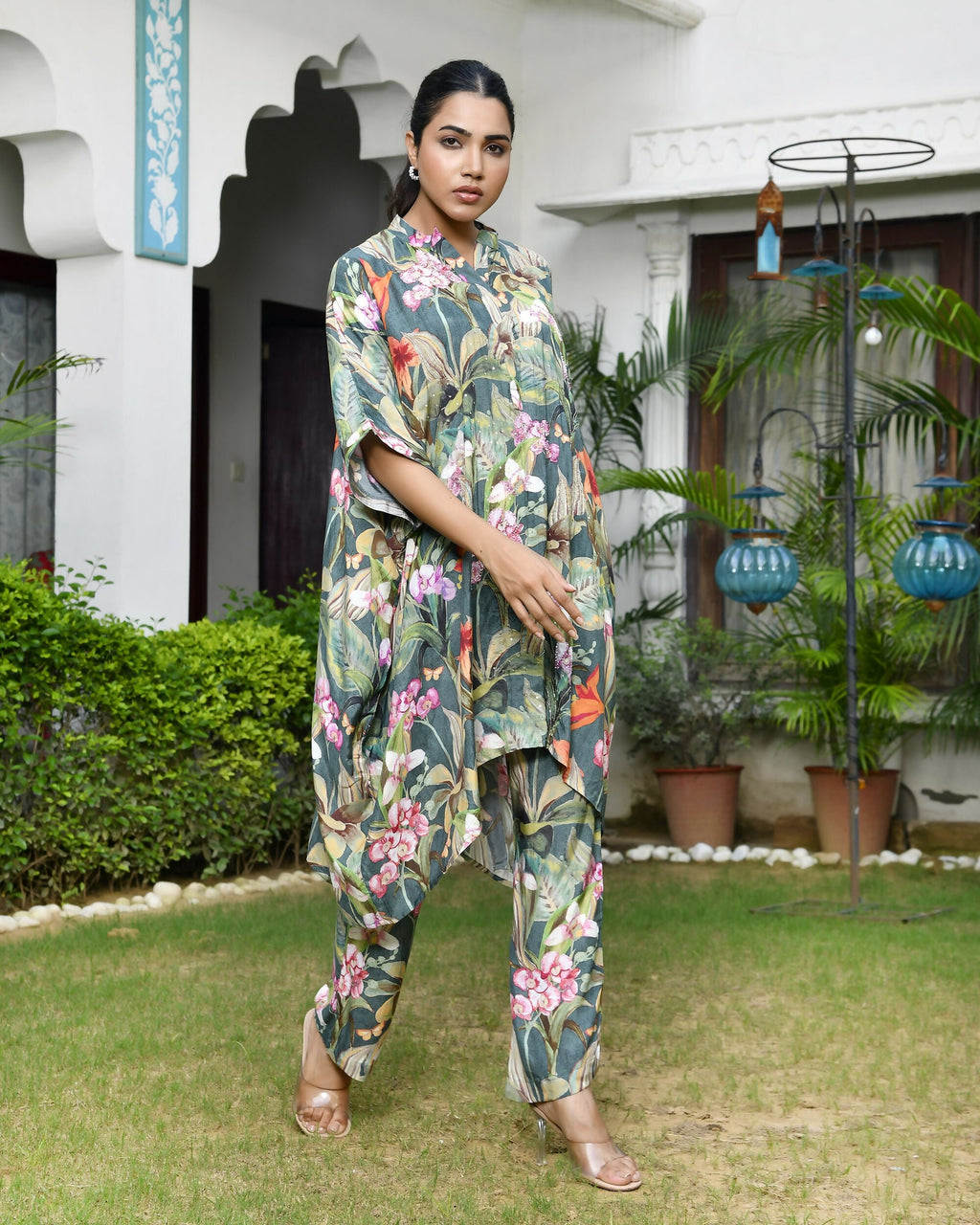 Vaasva Women's Dark Green Musline Viscose Digital Printed Kaftan Pant Set | Grocsy