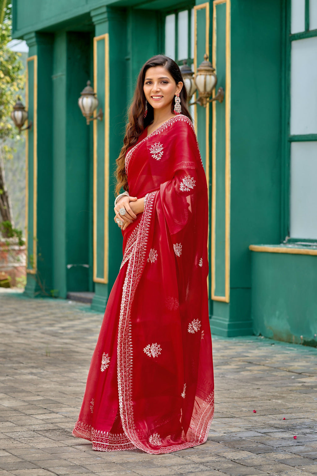 Vastranavya Red Embroidery Work Shimmer Chiffon Saree with Unstitched Blouse | Grocsy