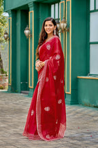 Vastranavya Red Embroidery Work Shimmer Chiffon Saree with Unstitched Blouse | Grocsy