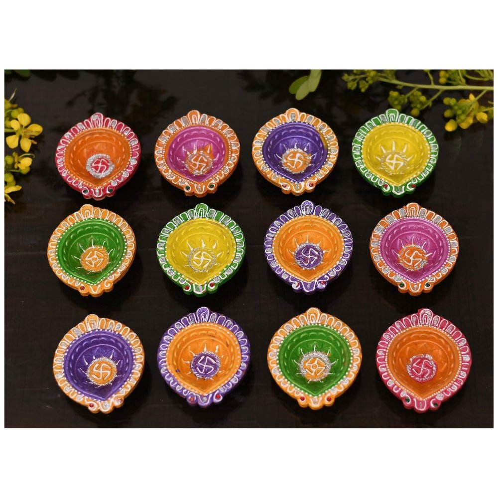 Collectible India Clay Diyas Diya Deepak Colorful Set Earthen Diwali Decoration Puja - Handpainted Diya For Handmade | Grocsy