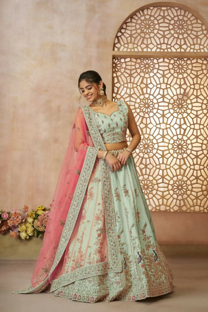 Kesar Fab Green Zari Silk Hand_Woven Lehenga | Grocsy