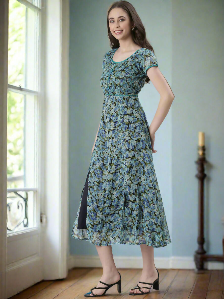 Souchii Teal & Blue Floral Printed Fit & Flare Dress | Grocsy