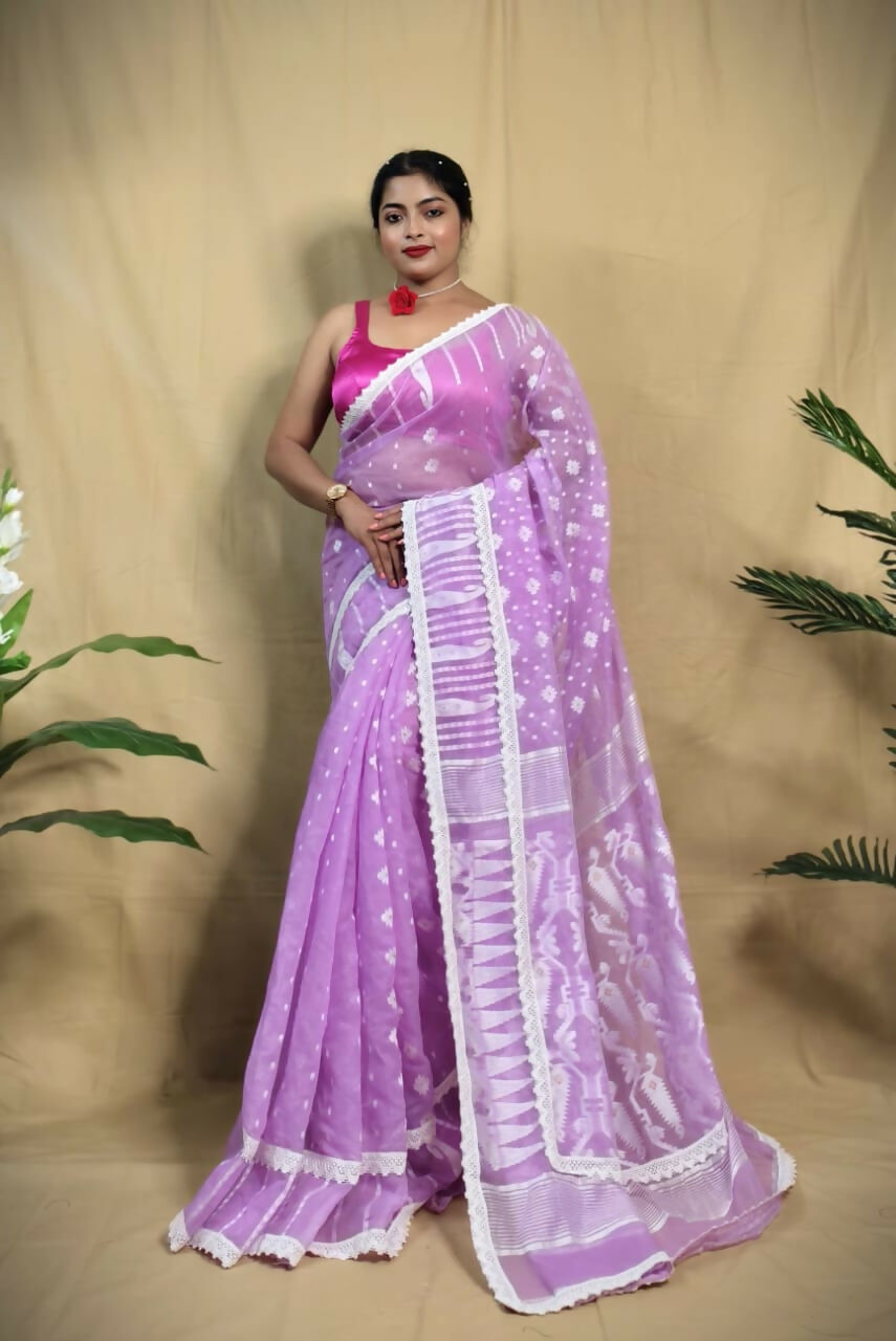 Exclusive Collection Beautiful Purple Jaal Jamdani Saree | Grocsy