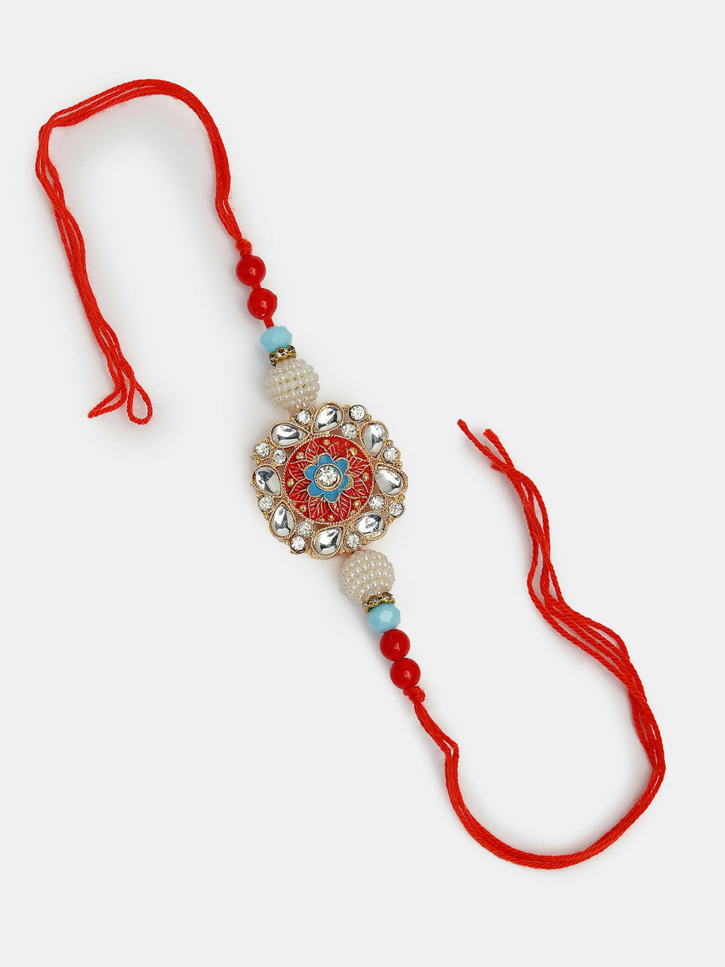 NVR Women & Men Set of 2 Red-colored Stone-Studded & Beaded Bhaiya Bhabhi Rakhi With Roli Chawal & Chocolate | Grocsy