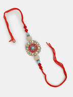 NVR Women & Men Set of 2 Red-colored Stone-Studded & Beaded Bhaiya Bhabhi Rakhi With Roli Chawal & Chocolate | Grocsy