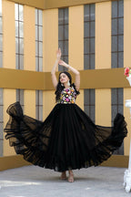 Jyoti Fashion Women's Black Sequins Thread Embroidery Faux Blooming Anarkali Dress | Grocsy