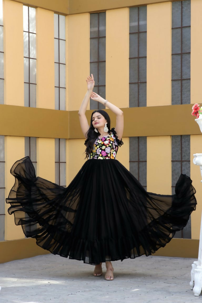 Jyoti Fashion Women's Black Sequins Thread Embroidery Faux Blooming Anarkali Dress | Grocsy