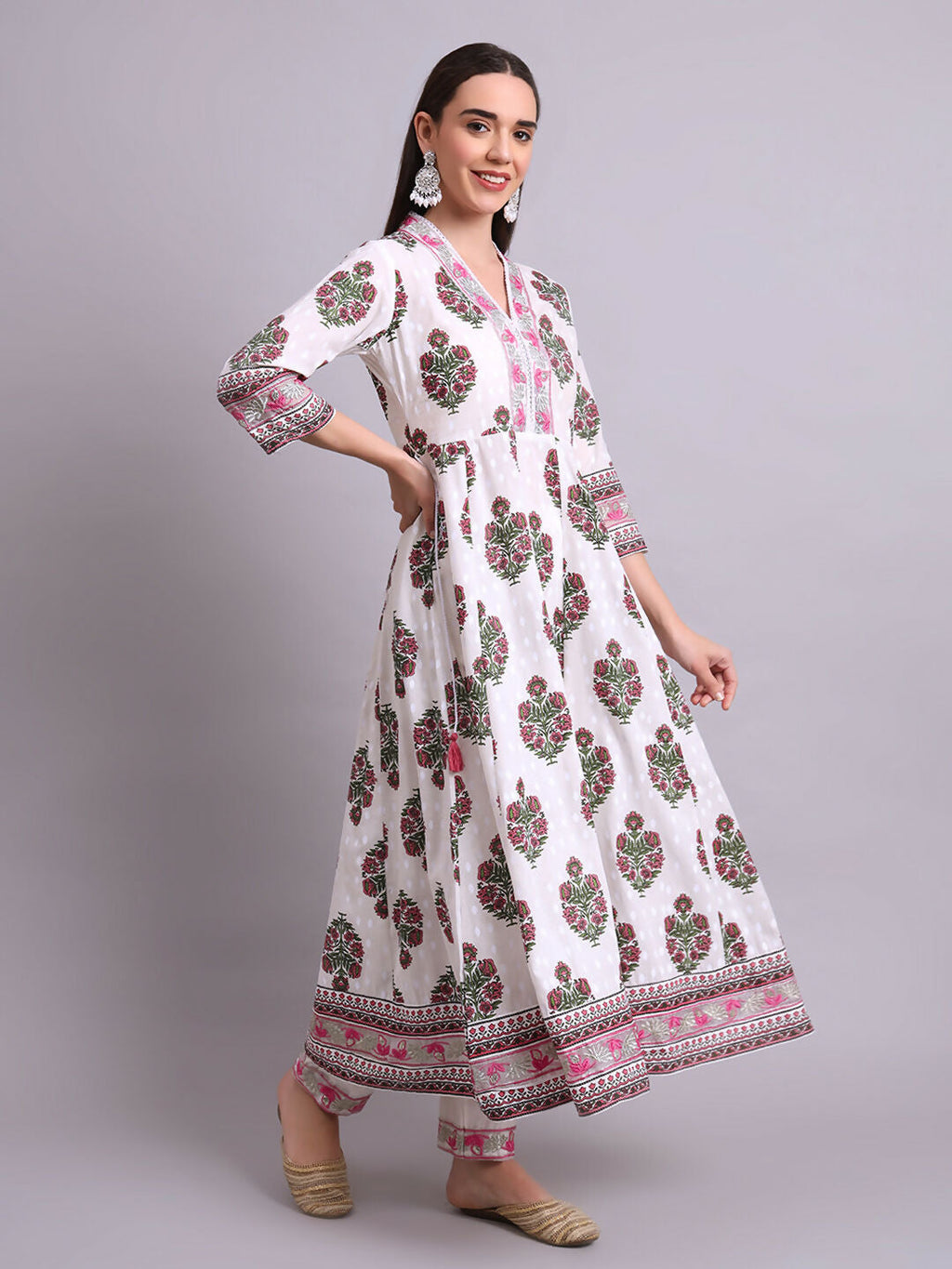 Joban Fashion Off White Cotton Buta Printed & Embroidery Work Anarkali Kurta With Trousers & Dupatta Set | Grocsy