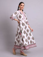 Joban Fashion Off White Cotton Buta Printed & Embroidery Work Anarkali Kurta With Trousers & Dupatta Set | Grocsy