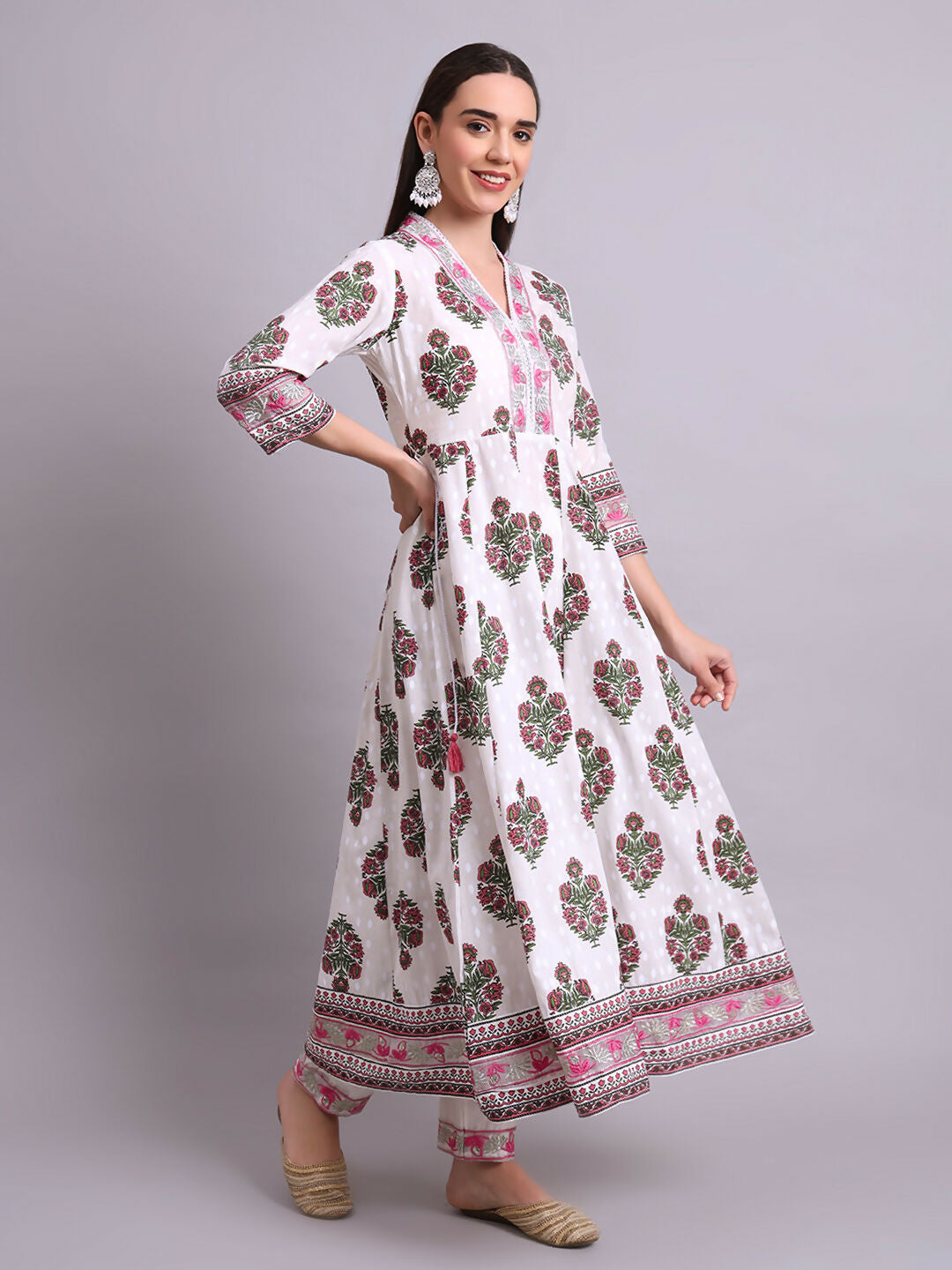 Joban Fashion Off White Cotton Buta Printed & Embroidery Work Anarkali Kurta With Trousers & Dupatta Set | Grocsy