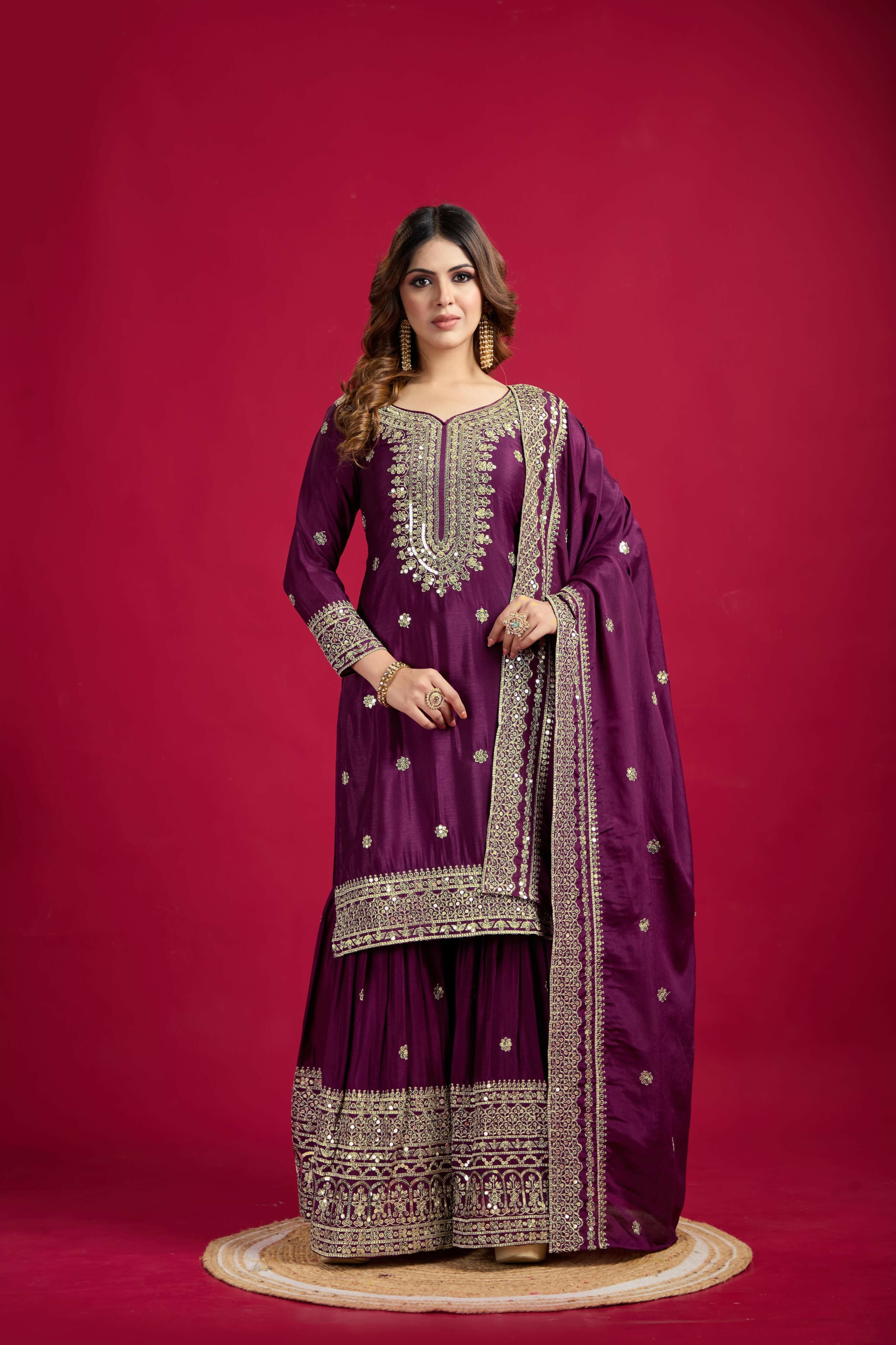 Joban Fashion Violet Kurta Set Silk Sequins , Zari, Coding & Thread Embroidered work | Grocsy