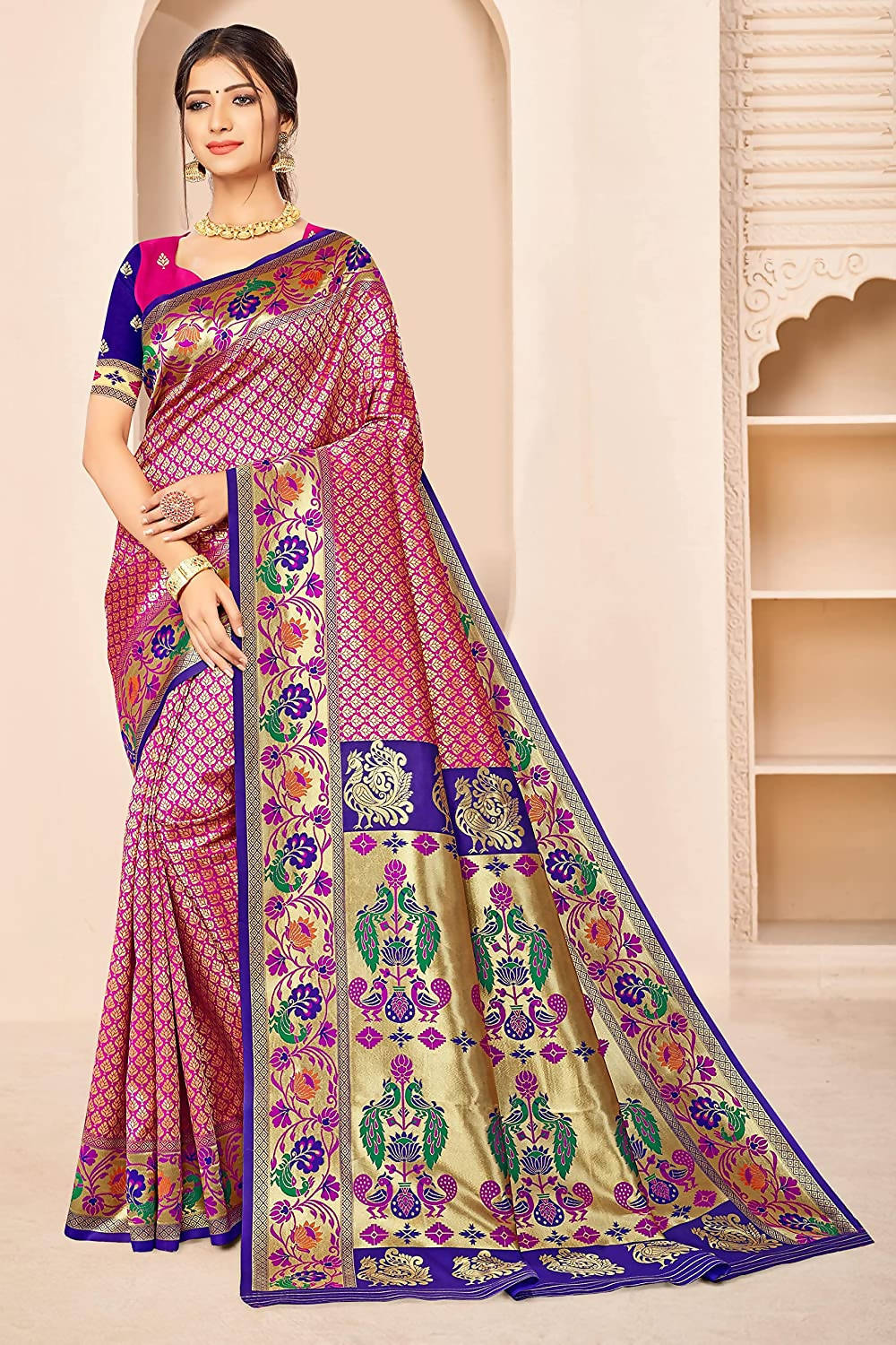 Jaanvi Fashion Women's Rani Blue Banarasi Paithani Silk With Zari Jacquard Work Saree With Blouse Piece | Grocsy