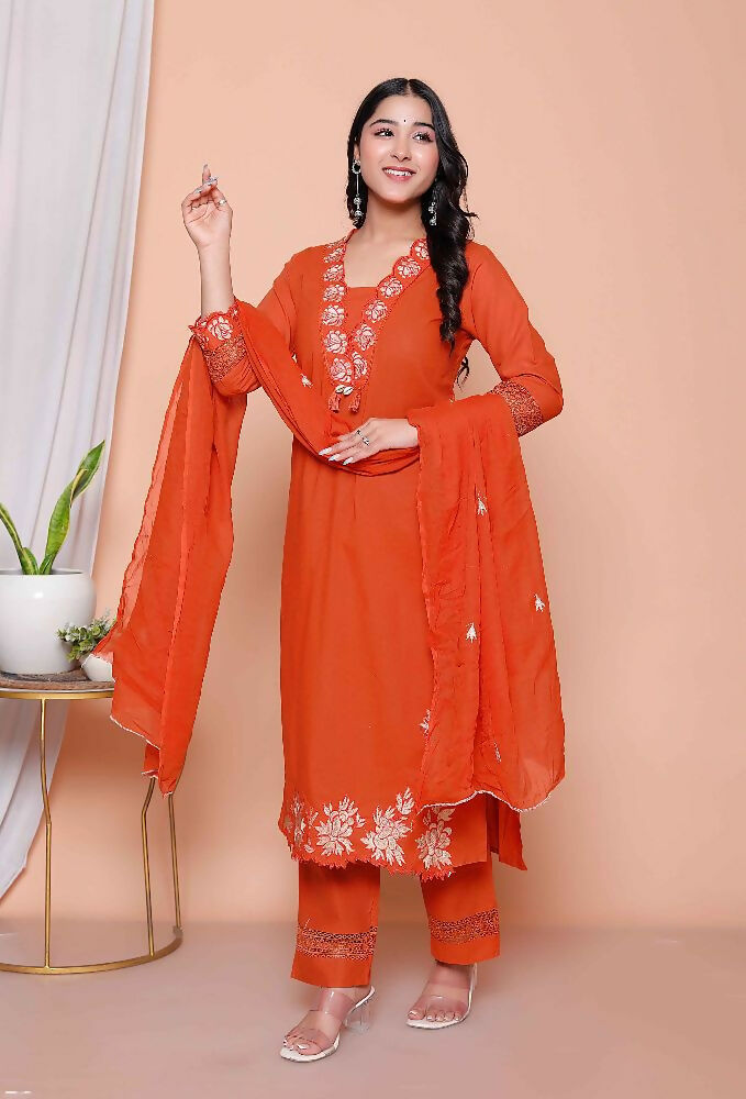 Miravan Womens Embroidered Cotton Kurta With Palazzo & Dupatta Set | Grocsy