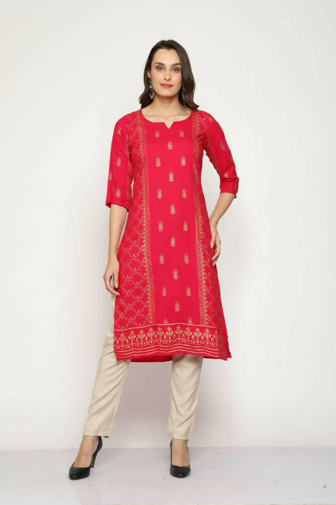 Maai Rayon Hand Printed Kurta Red | Grocsy