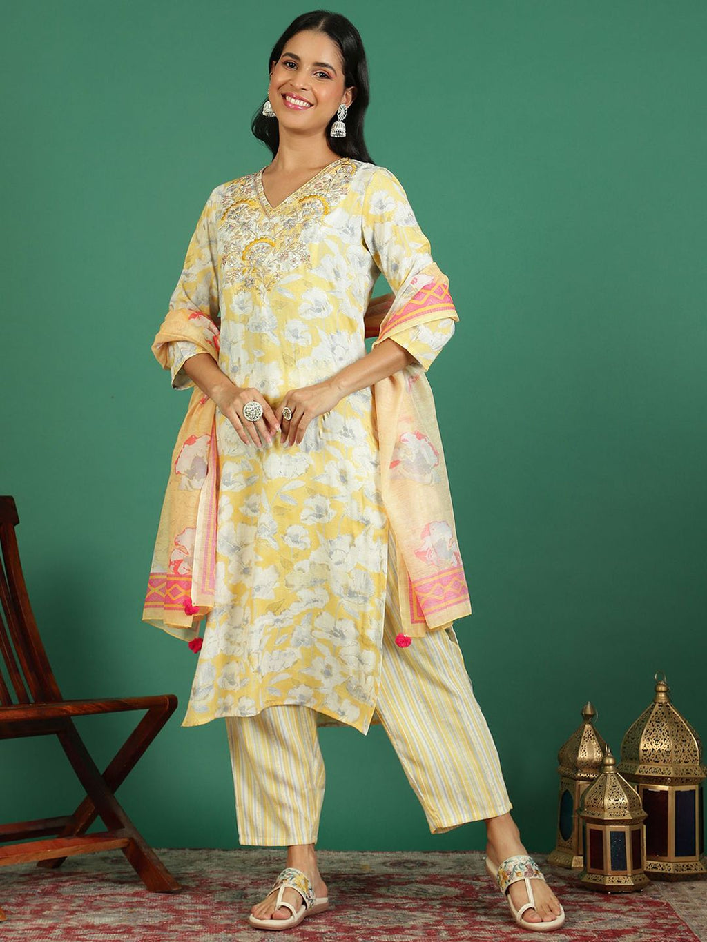Sangria Printed With Embroidered Kurta With Trousers & Dupatta | Grocsy