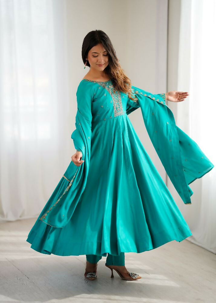 The52 Women's Beautiful Embroidery Work Shimmer Chanderi Silk Fabric Flared Anarkali Pant and Dupatta Set | Grocsy