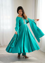 The52 Women's Beautiful Embroidery Work Shimmer Chanderi Silk Fabric Flared Anarkali Pant and Dupatta Set | Grocsy