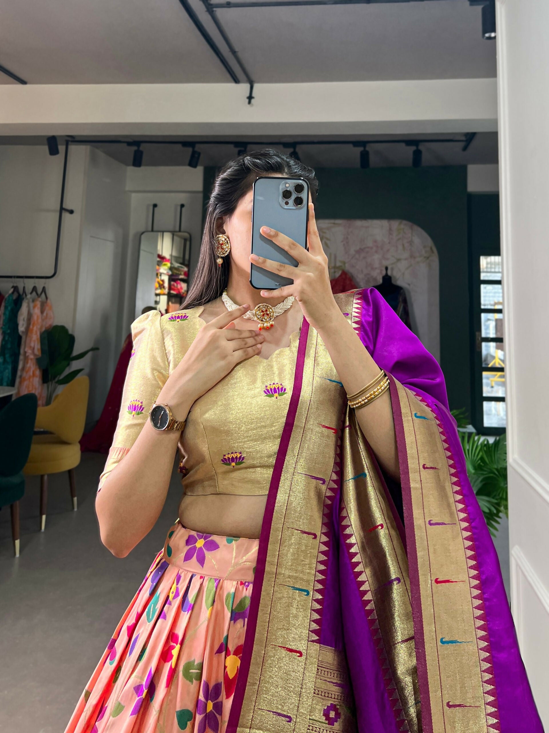 Vastranavya Traditional Jacquard Silk Paithani Lehenga Choli - Peach | Grocsy