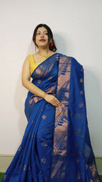 Exclusive Collection Beautiful Blue Cotton Silk Woven Handloom Saree With Running Blouse Piece | Grocsy
