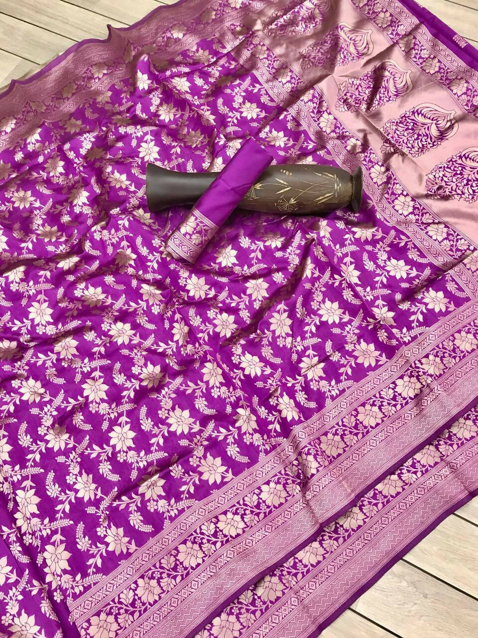 DEIANA'S Beautiful Designer Golden zari Soft Lichi Silk Saree - Wine | Grocsy