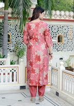 Miravan Women's Muslin Pink V-Neck Embroidered Kurta with Palazzo and Dupatta | Grocsy