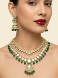 Jewel City Grand Kundan & Emerald Green Bead Necklace Set with Jhumka Earrings & Maang Tikka | Grocsy
