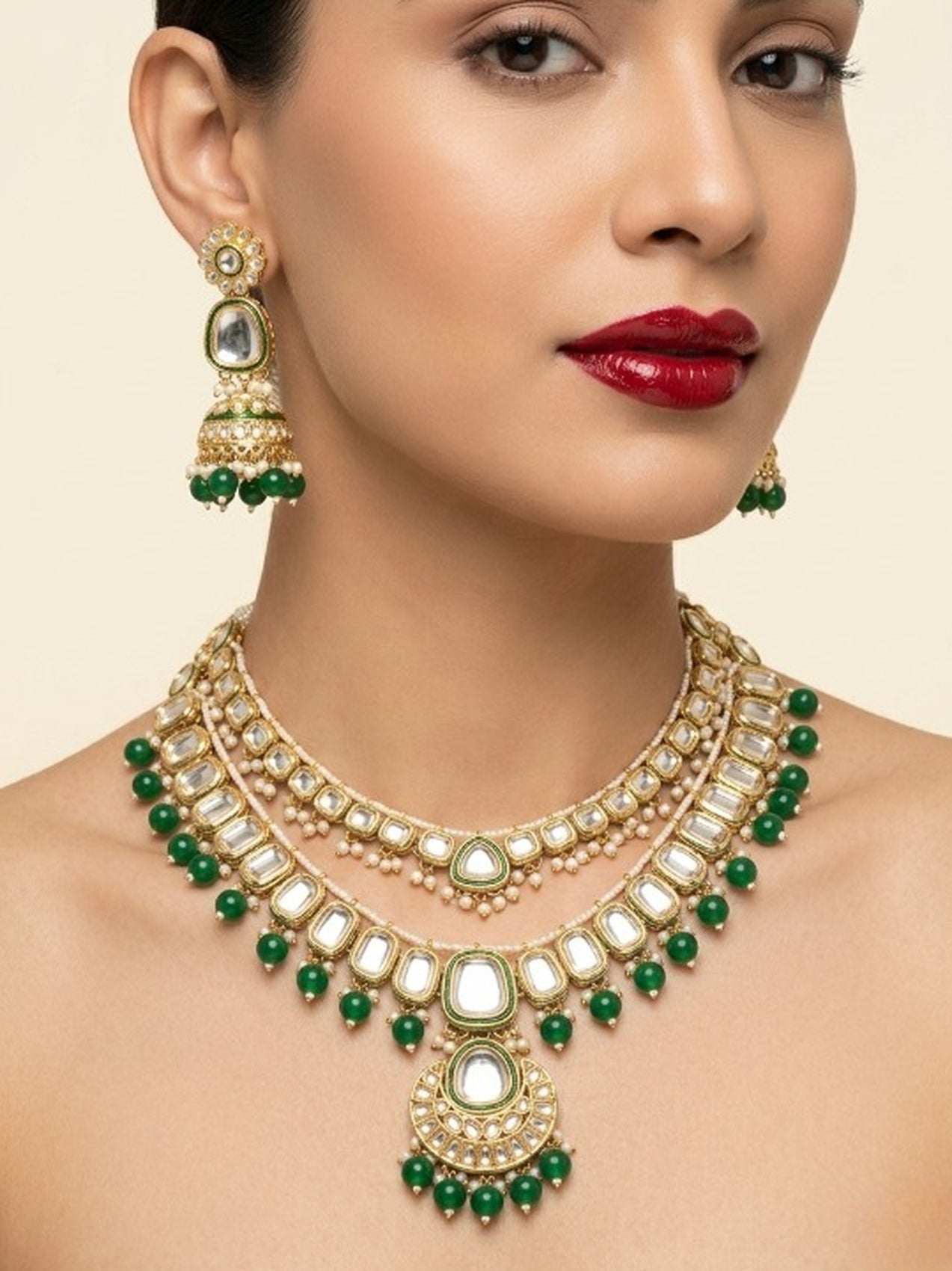 Jewel City Grand Kundan & Emerald Green Bead Necklace Set with Jhumka Earrings & Maang Tikka | Grocsy