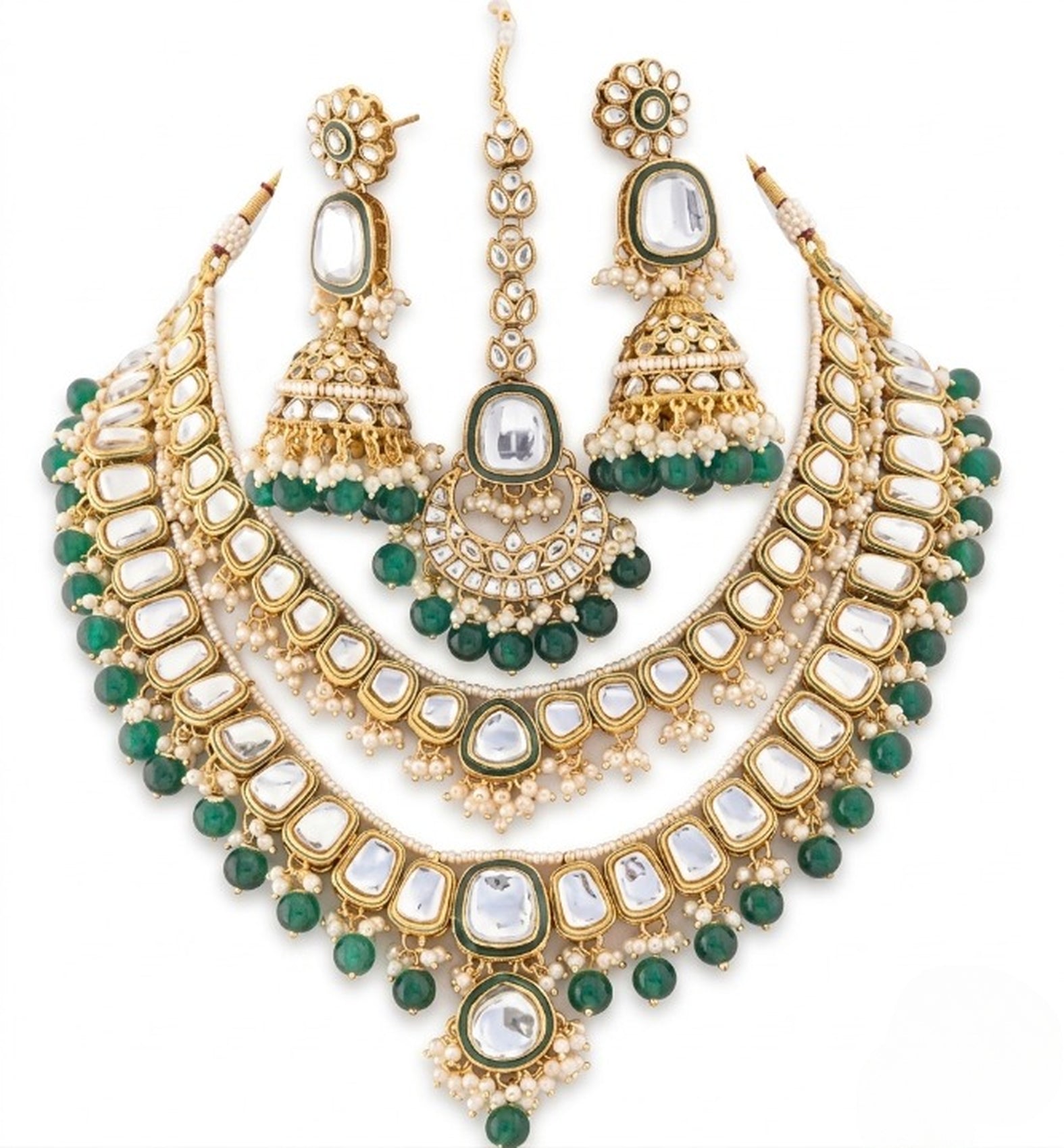 Jewel City Grand Kundan & Emerald Green Bead Necklace Set with Jhumka Earrings & Maang Tikka | Grocsy