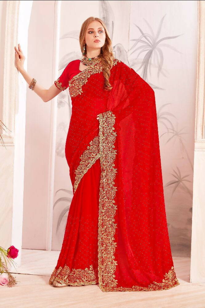 PR Fashion Red Fendi Two Tone Silk Heavy Zari & Resham Embroidery Work With Heavy Zircon Work Saree | Grocsy