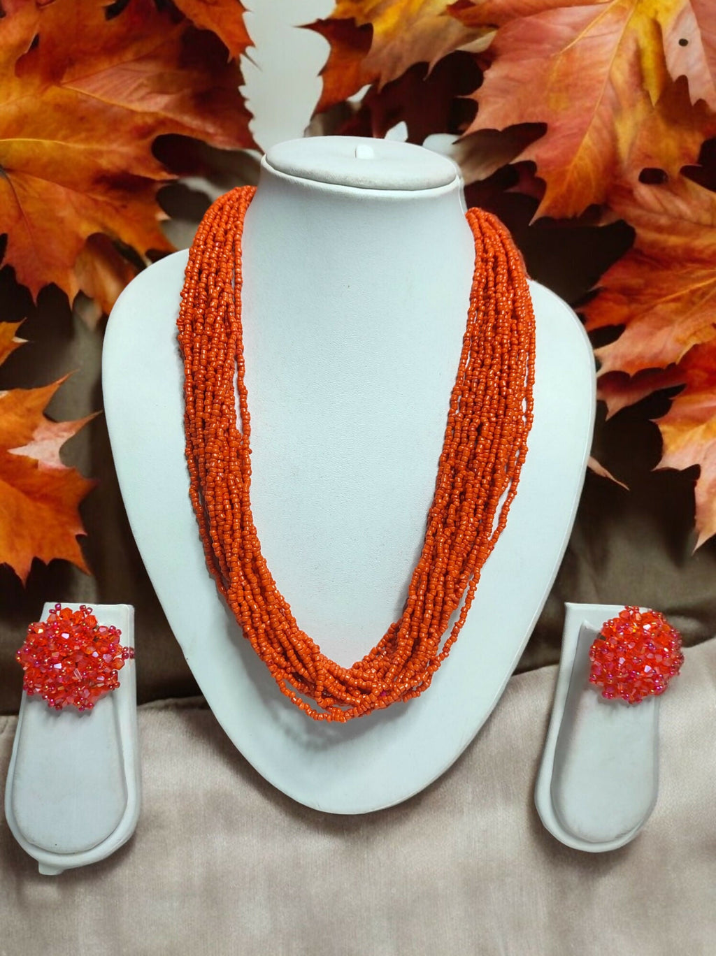 Inhanns Vibrant Handmade 20 Layers Beaded Necklace With Matching Earrings - Orange | Grocsy
