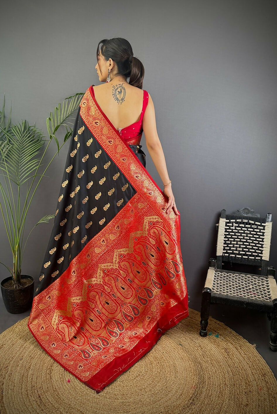 Joban Fashion Banarasi Black Woven Butti Soft Silk Saree | Grocsy