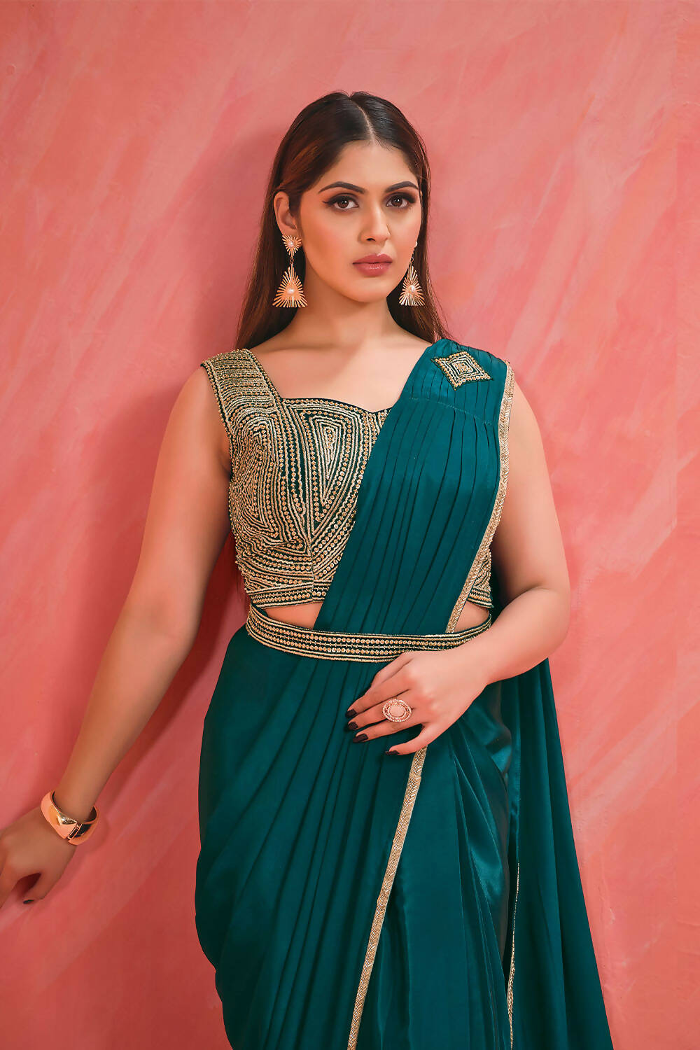 Light Teal Crepe Silk Georgette Jari, Sequence & Moti Work Saree With Stitched Blouse - Mohmanthan Elegancia | Grocsy