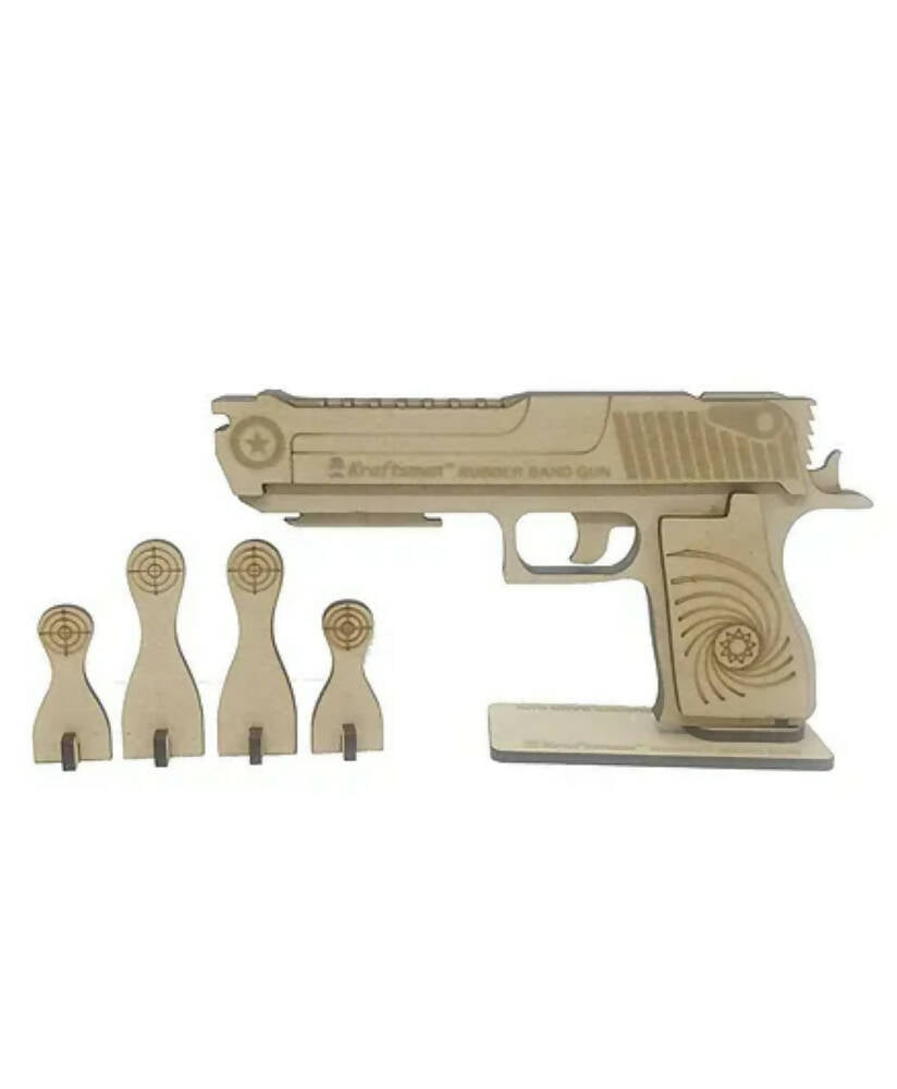 Kraftsman Semi-Automatic Wooden Rubber Band Shooting Gun Toys for Kids & Adults with Target | 5 Rapid Fire Shots (Beige) | Grocsy