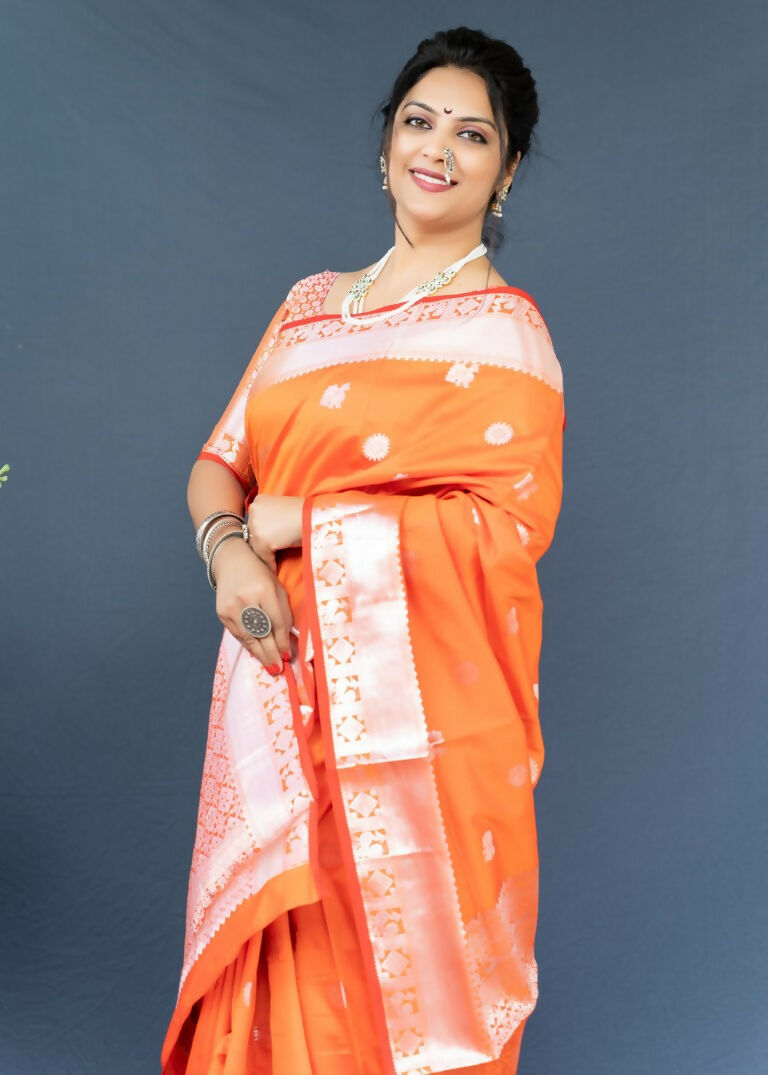 Jyoti Fashion Women's Orange Soft Banarasi Silk Zari Woven Saree with Blouse | Grocsy