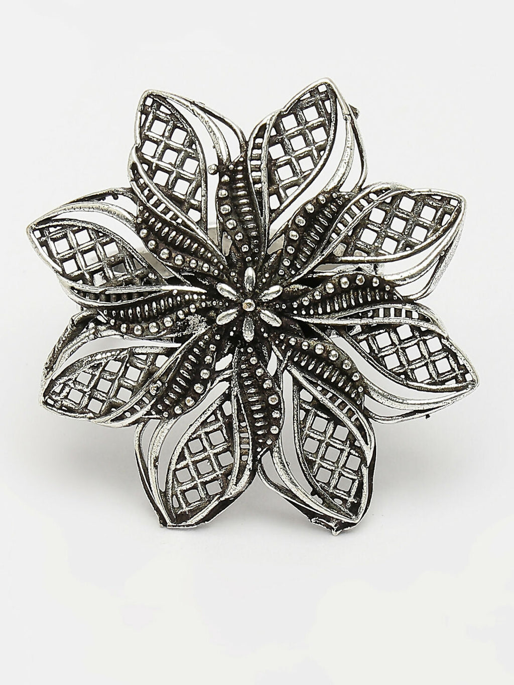 NVR Women's Silver-Toned Floral Shape Adjustable Finger Ring | Grocsy