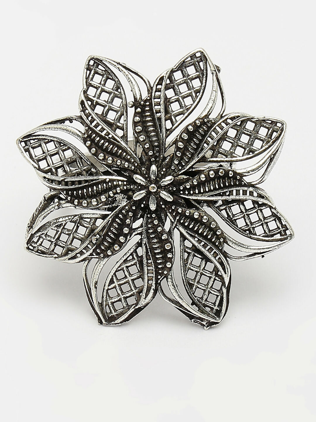 NVR Women's Silver-Toned Floral Shape Adjustable Finger Ring | Grocsy