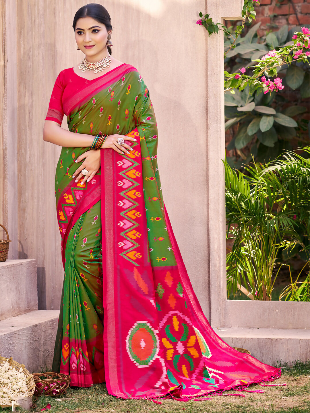 Shree Shyam Fashion Mehandi Pochampally Silk Saree | Grocsy