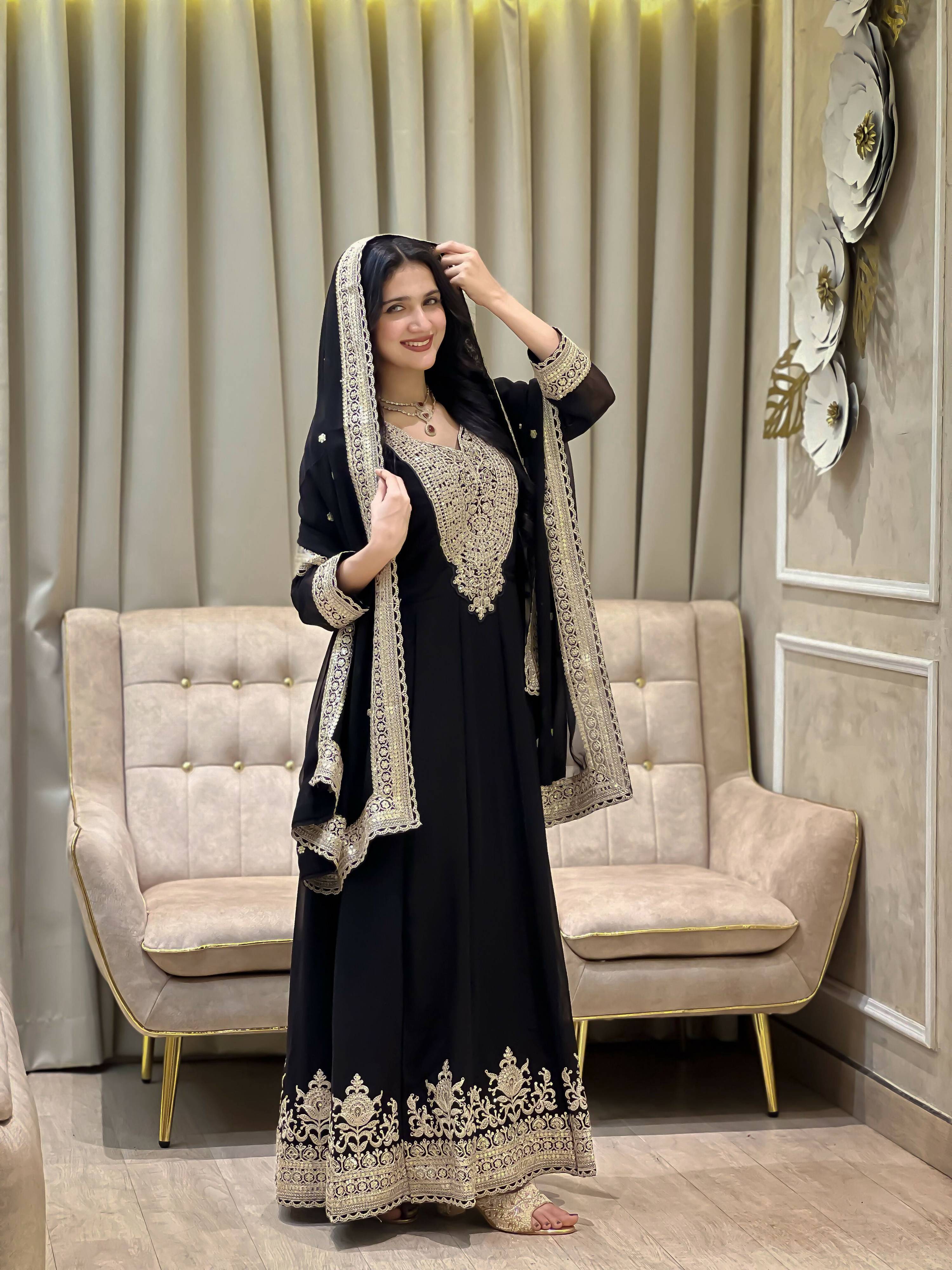 Teeya Creation Black Color Faux Georgette Embroidery Work Long Party Wear Gown | Grocsy