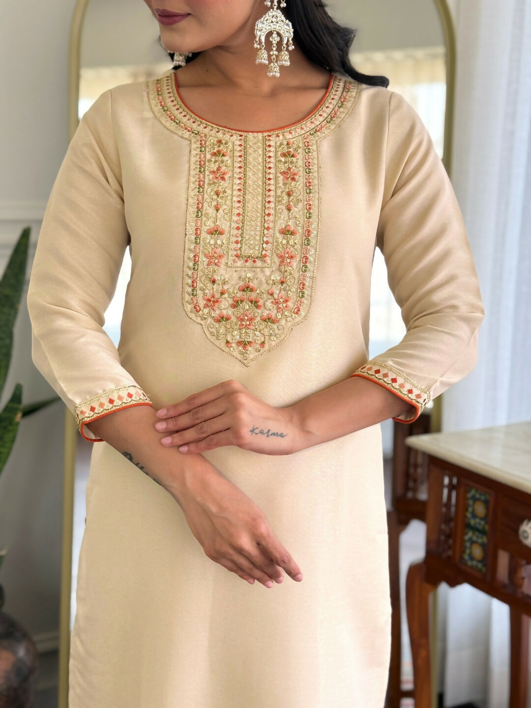 The52 Chiku Women's Beautiful Rayon Fabric Embroidered Work Straight Kurta Pant and Dupatta Set | Grocsy