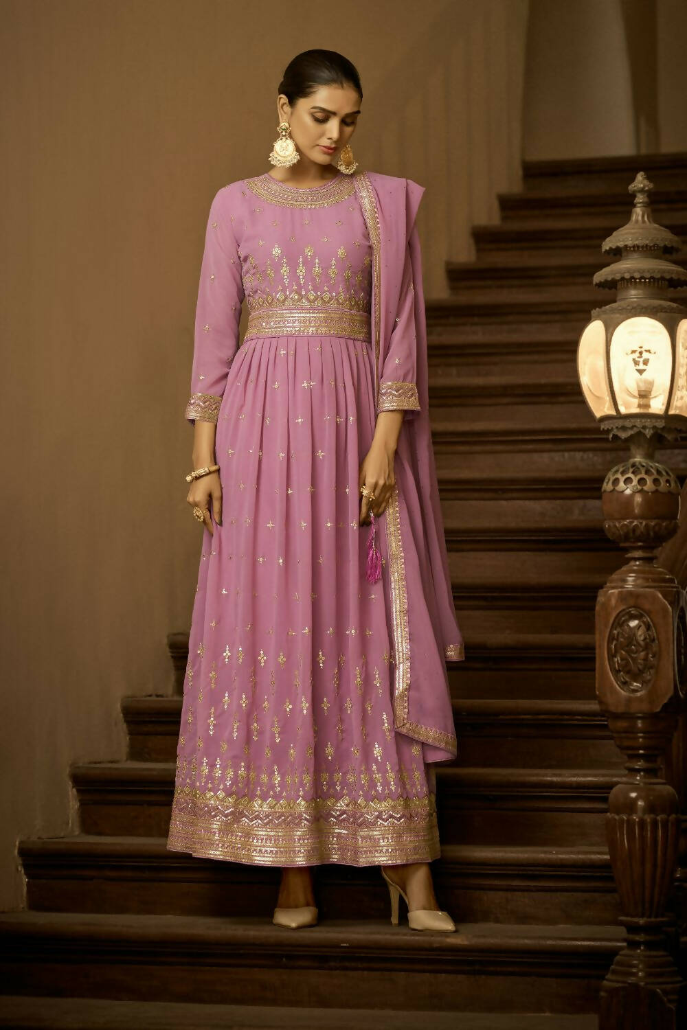 Lavender Heavy Faux Georgette Anarkali Embroidered Kurta Set - Dhvani | Grocsy