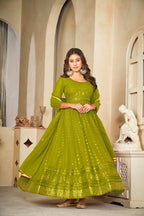 Jyoti Fashion Women's Mehendi Georgette Embroidered Anarkali Kurta Pant Set With Dupatta | Grocsy