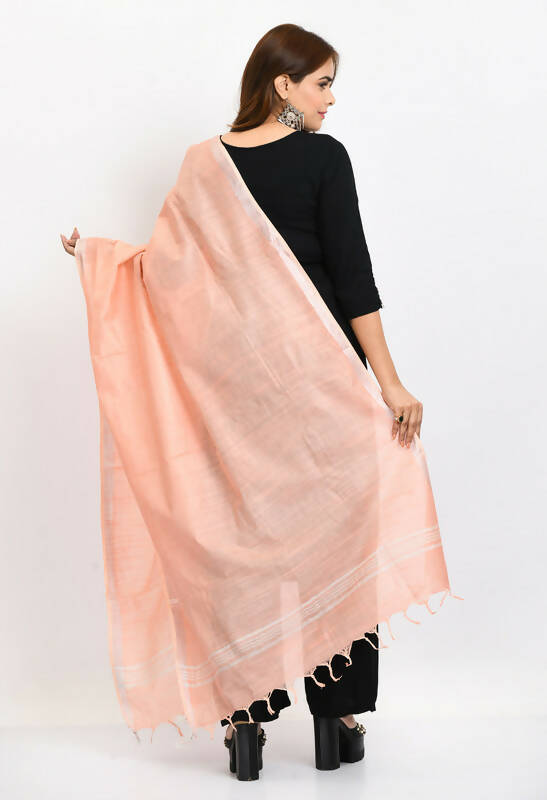 Mominos Fashion Moeza Women's Linen Cotton Silver Border Peach Dupatta | Grocsy