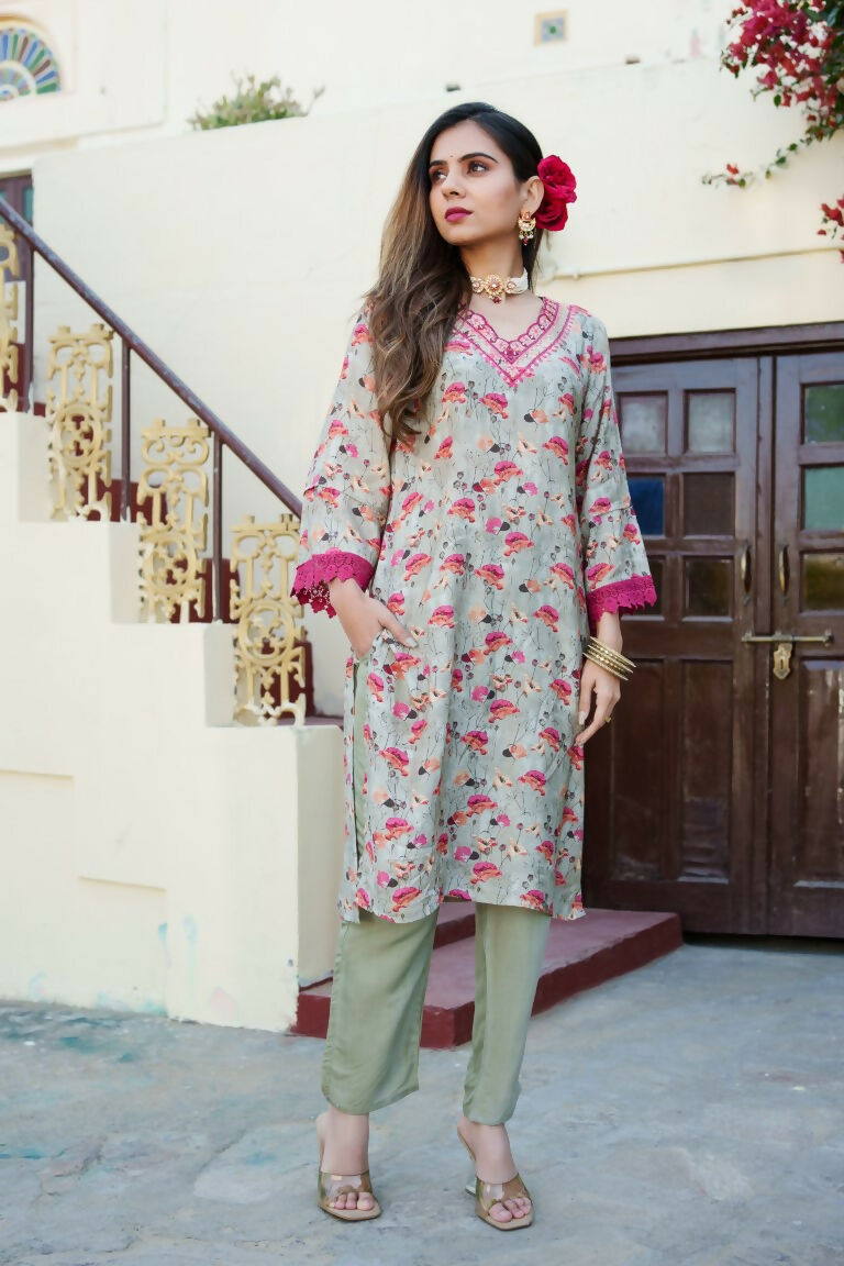 Vaasva Women Pista Green Muslin Embroidered Kurta & Pant Set | Grocsy