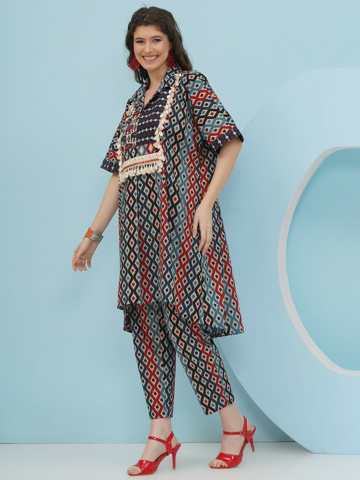 Joban Fashion Ikkat Kaftan Set - Blue Red | Grocsy