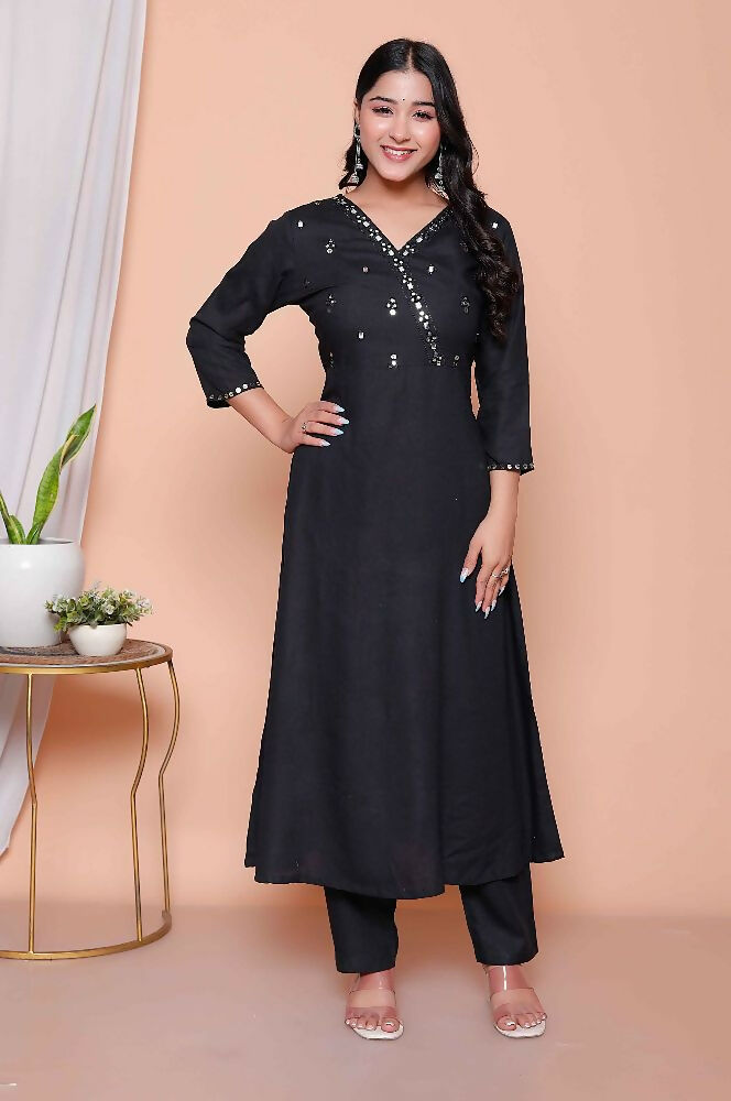 Miravan Womens Black Mirror Work Angrakha Kurta And Palazzo Set | Grocsy