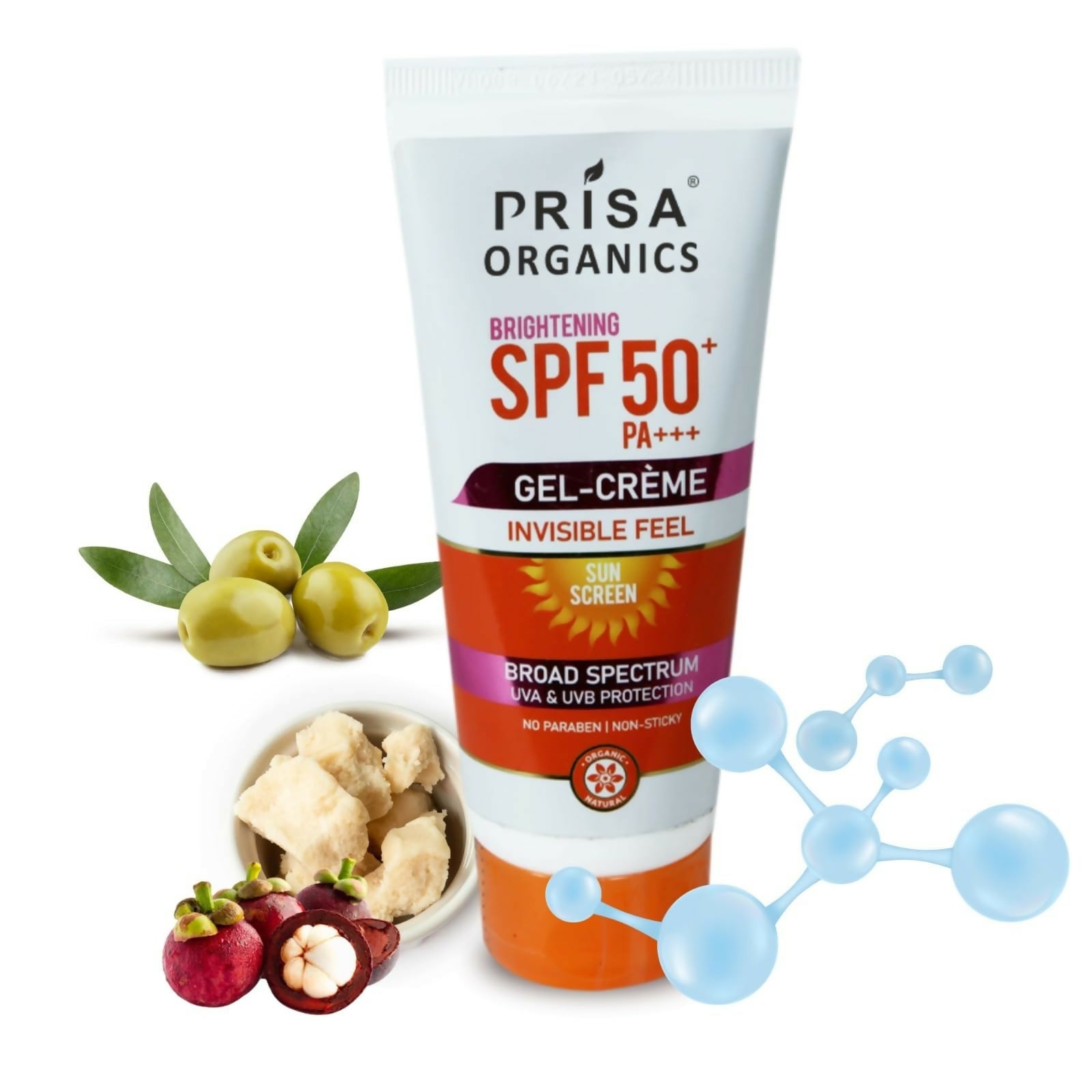 Prisa Organics Brightening Sun Screen SPF 50 PA+++ Invisible Feel Gel Cream | Grocsy