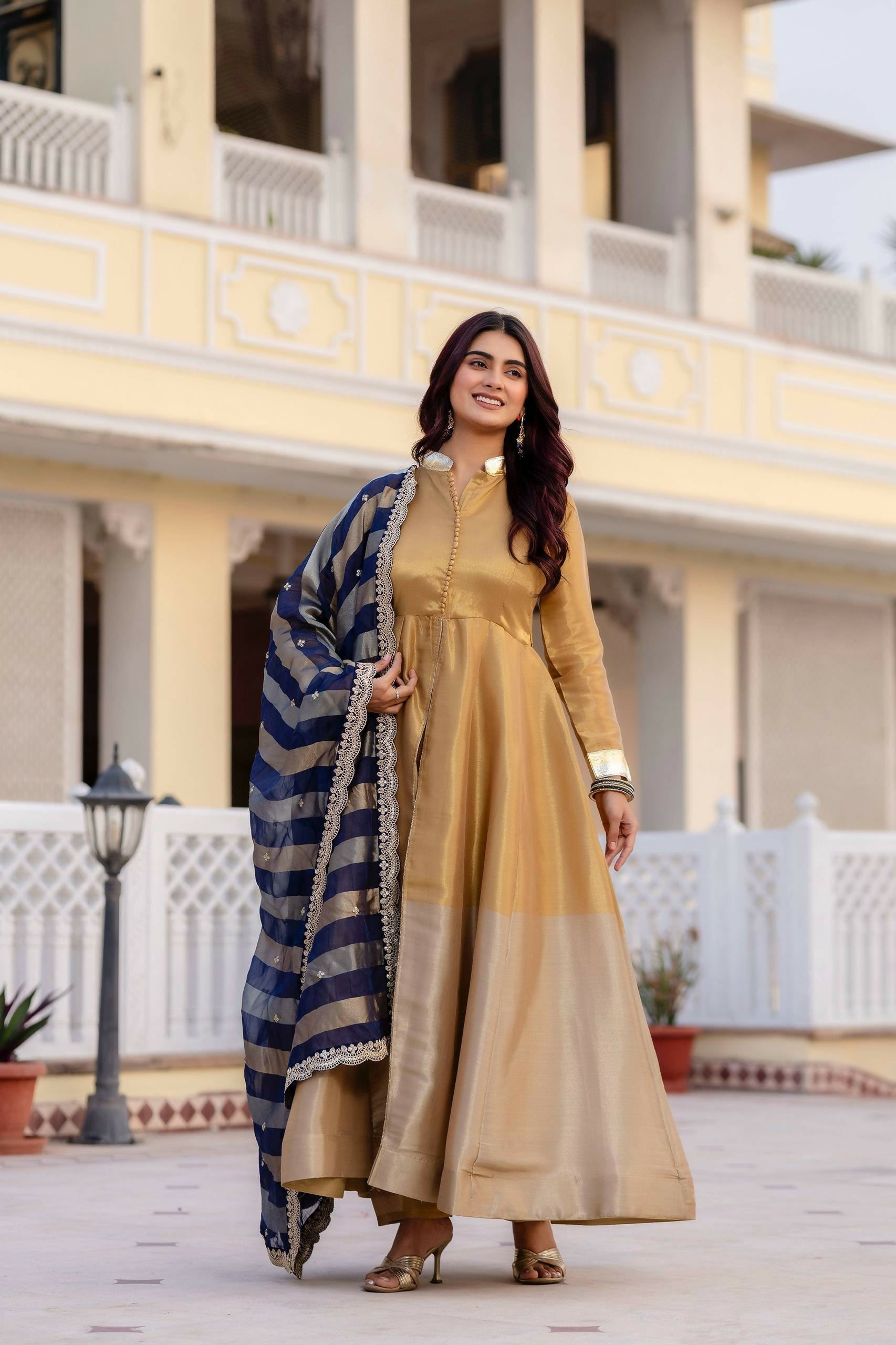 Teeya Creation Multi Color Pure Banarasi Viscose Wedding Wear Long Gown | Grocsy